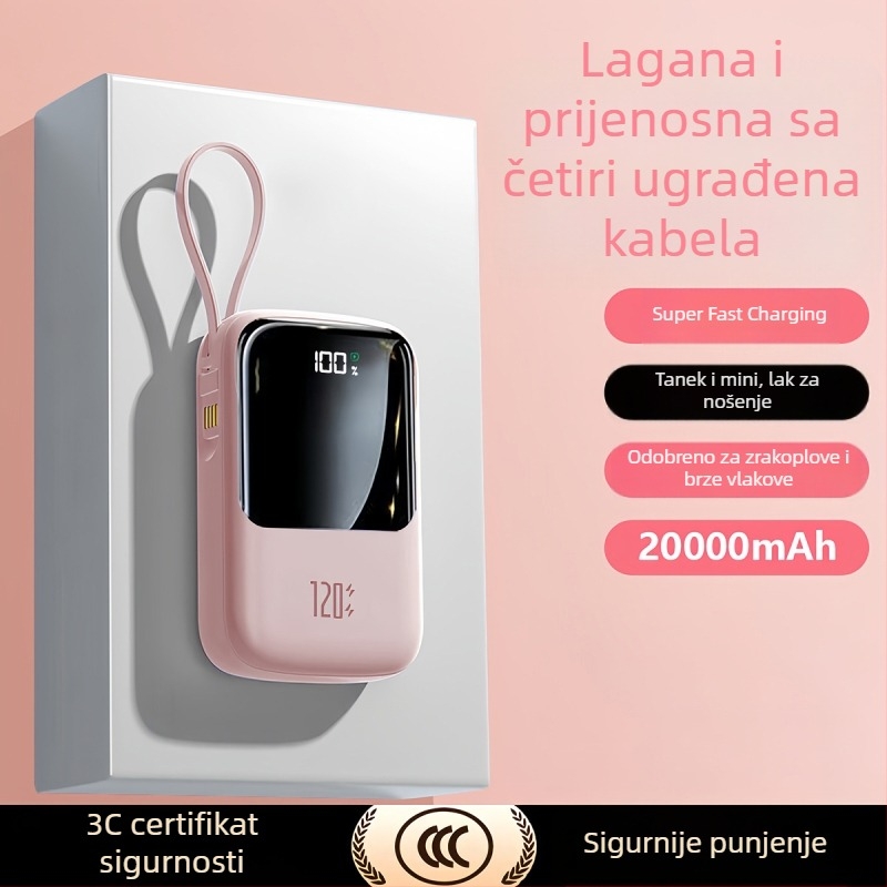 Epcbook power banka 20000mAh, 3C certificirana, tanak dizajn, s ugrađenim kabelom, PD 2.0 brzo punjenje, pogodno za putovanja z avionom