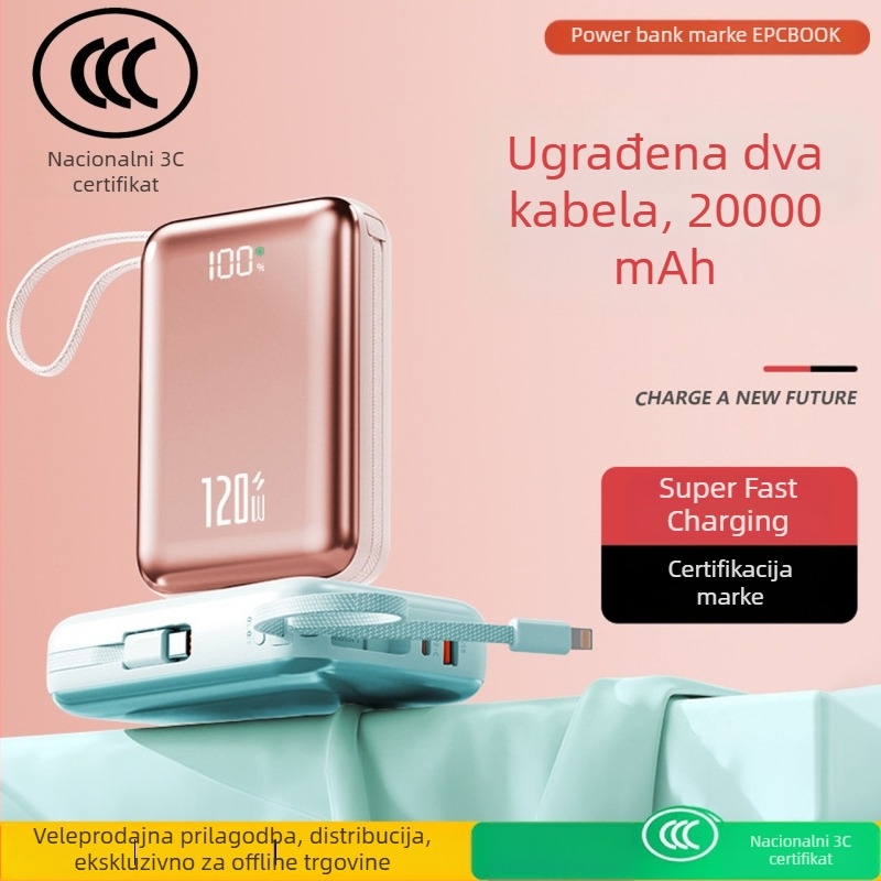 Epcbook power banka 20000mAh, 3C certificirana, tanak dizajn, s ugrađenim kabelom, PD 2.0 brzo punjenje, pogodno za putovanja z avionom