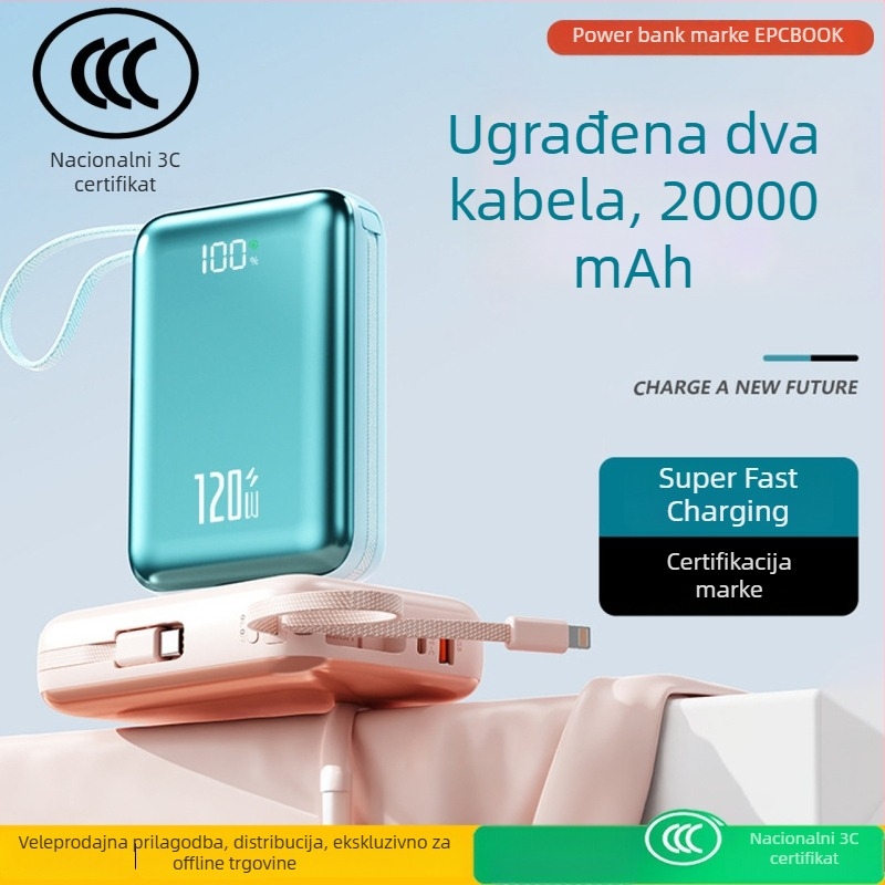Epcbook power banka 20000mAh, 3C certificirana, tanak dizajn, s ugrađenim kabelom, PD 2.0 brzo punjenje, pogodno za putovanja z avionom