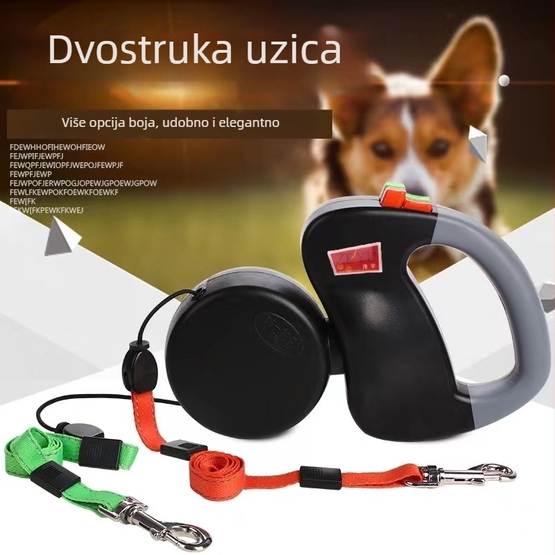 Novi povodac za pse 1-na-2 sa svjetlom, dvostruki povodac za kućne ljubimce, 2-u-1 automatski proširivi povodac