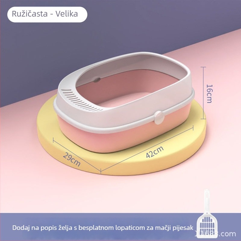 Velika kutija za mačji pijesak s zaštitom od prskanja, poluzatvoren dizajn, uključuje lopaticu za pijesak