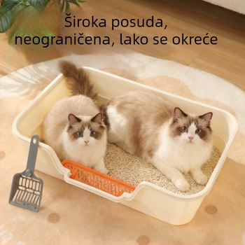 Velika poluzatvorena kutija za mačke s širokim i ojačanim stranama, pogodna za odrasle mačke i mačiće, protiv prskanja