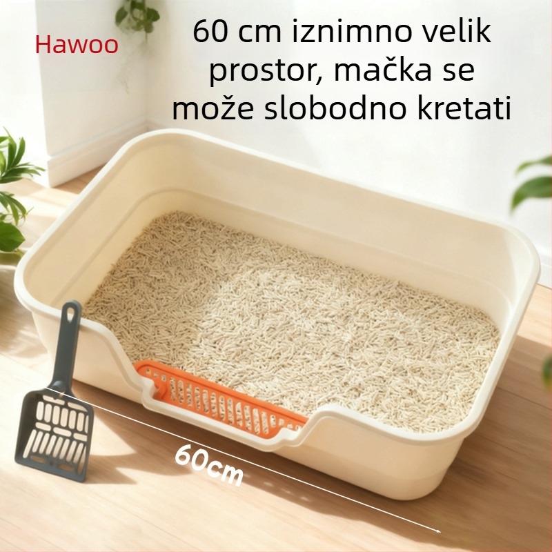 Velika poluzatvorena kutija za mačke s širokim i ojačanim stranama, pogodna za odrasle mačke i mačiće, protiv prskanja