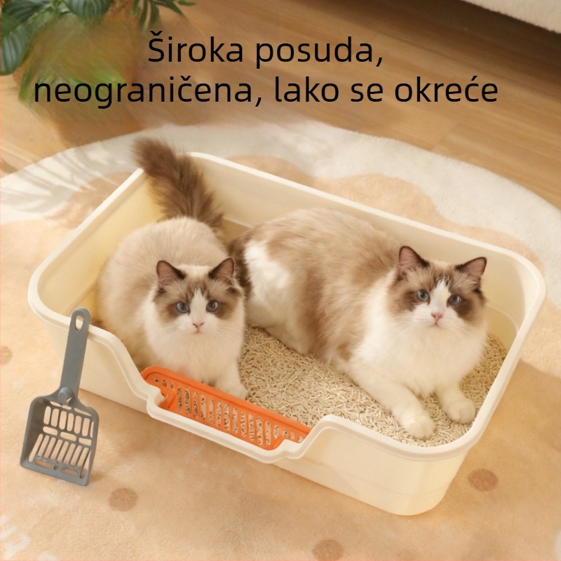 Velika poluzatvorena kutija za mačke s širokim i ojačanim stranama, pogodna za odrasle mačke i mačiće, protiv prskanja