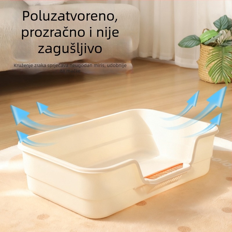 Velika poluzatvorena kutija za mačke s širokim i ojačanim stranama, pogodna za odrasle mačke i mačiće, protiv prskanja