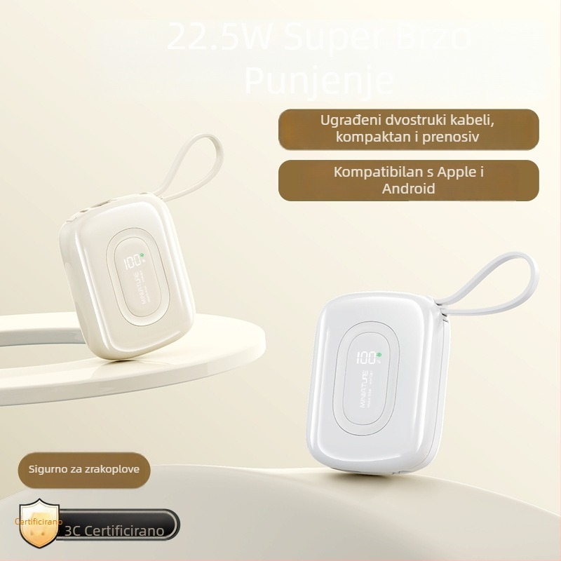 Međunarodna power banka s brzim punjenjem i ugrađenim kabelom, kompakna visoka kapaciteta prijenosna baterija, dar s prilagođenim logotipom