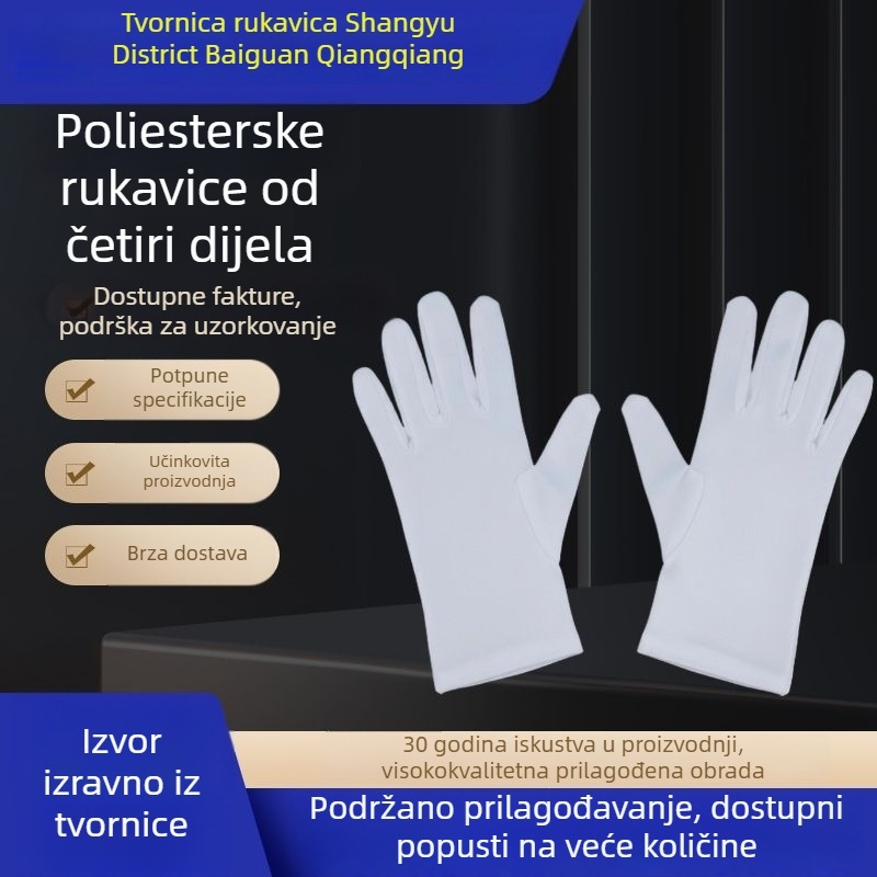 Bijele poliesterske rukavice bez prašine, prozračne i antistatične, za elektroničku tvornicu i čiste radne prostore – set od četiri para
