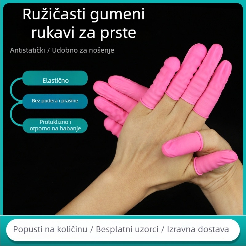 Antistatične jednokratne ružičaste latex zaštitne prstenove za prste, bez prašine, vodootporne, otporne na habanje, veličina M, duljina 7.5–8.5 cm, debljina 0.14 mm