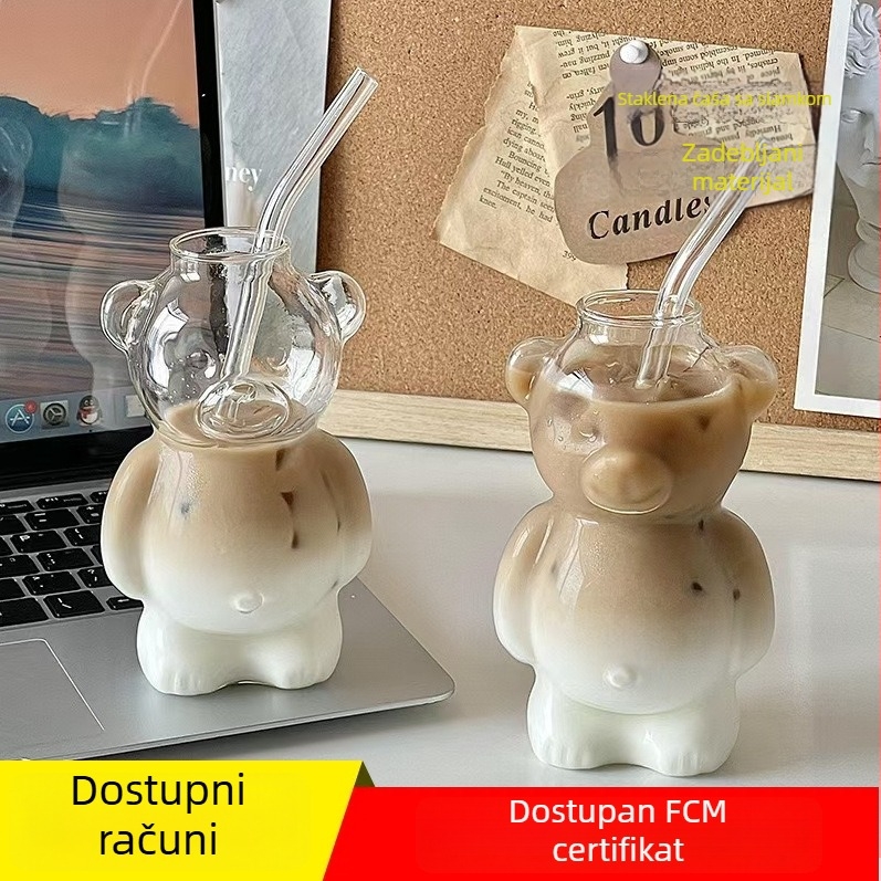 Staklena šalica za čaj s držalom, simpatičan dizajn crtani medvjedića, moderni minimalistički stil, ledeni uzorak