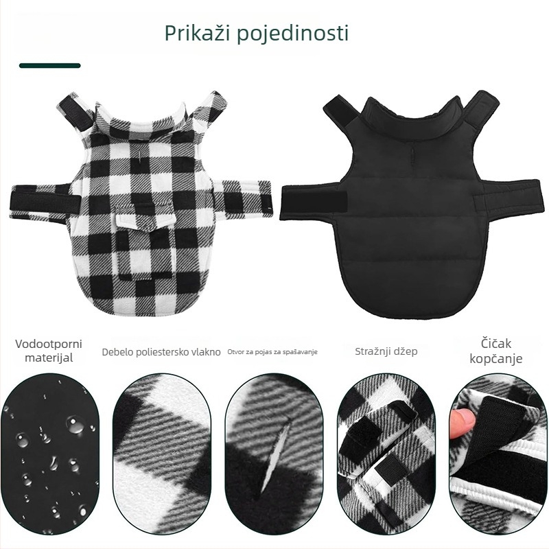 Zimski kaput za pse s vjetrootpornim flisom, britski stil karirani uzorak, za hladno vrijeme, udoban i topao