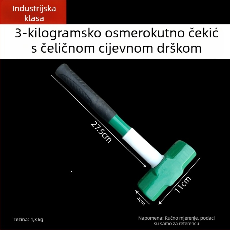 Kaicheng težak osmerokutni čekić s ručkom od čelične cijevi, zidarski čekić, visoko ugljični čelik, duljina 900 mm, veličine 2–16