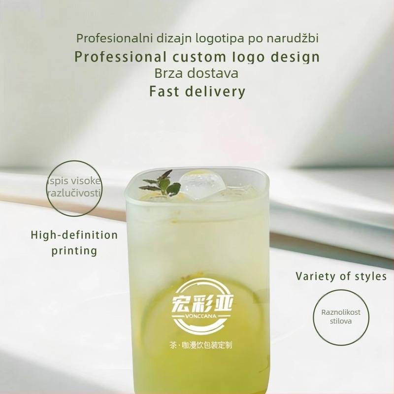 Jednokratna četvrtasta posuda od PP-a s poklopcem i slamkom, mat završetak, promjer 92 mm, za voćni čaj i čaj s mlijekom, prilagođeno logo