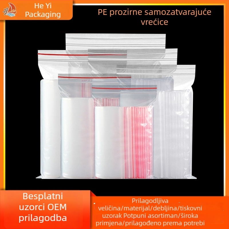 Prozirne PE samouzavare vrećice, deblje, vodootporne, plastične vrećice za hranu s otiskom, dostupne u različitim veličinama.
