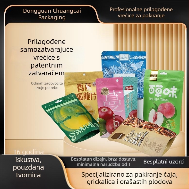 Plastična vrećica za hranu sa stojnim dnom i zatvaranjem na zip, laminirana aluminijskom folijom, za grickalice i orašaste plodove