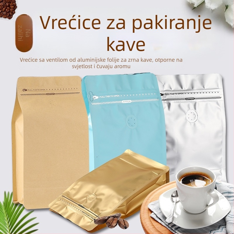 Vrećica za zrna kave s vakuum ventilom, aluminijska folija, zatvarač, prehrambena kvaliteta
