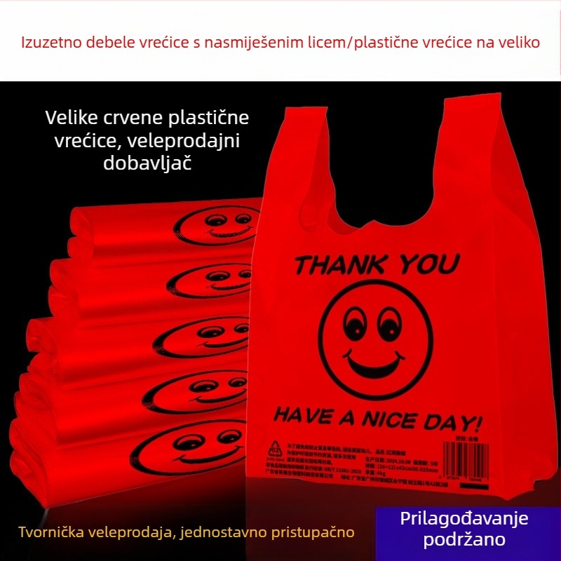 Prozirna crvena jednokratna plastična vrećica s ručkama za pakiranje hrane