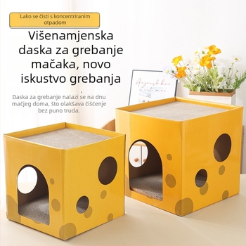Mačje škrabalo gnijezdo, dvostruko, otporno na ogrebotine i habanje, kartonska kućica sa temom sira i penjačom