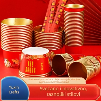 Debljane papirnate čaše za rođendane, crvene čaše za vodu s simbolom dugovječnosti, jednokratni set posuđa za proslave, zlatna folija.