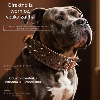 Veliki pseći ovratnik s rivetima, zaštita od ugriza, uzorak krokodila, zakrivljeni široki dizajn