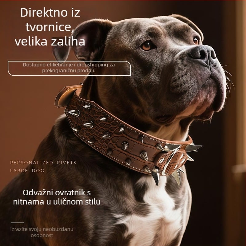 Veliki pseći ovratnik s rivetima, zaštita od ugriza, uzorak krokodila, zakrivljeni široki dizajn