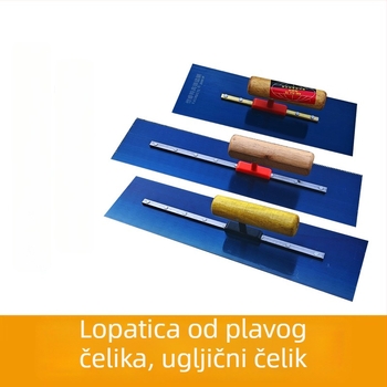 Plava čelična špahtla za niveliranje zidova i žbuke; alat za žbukanje i zidarske radove sa samonivelirajućom funkcijom