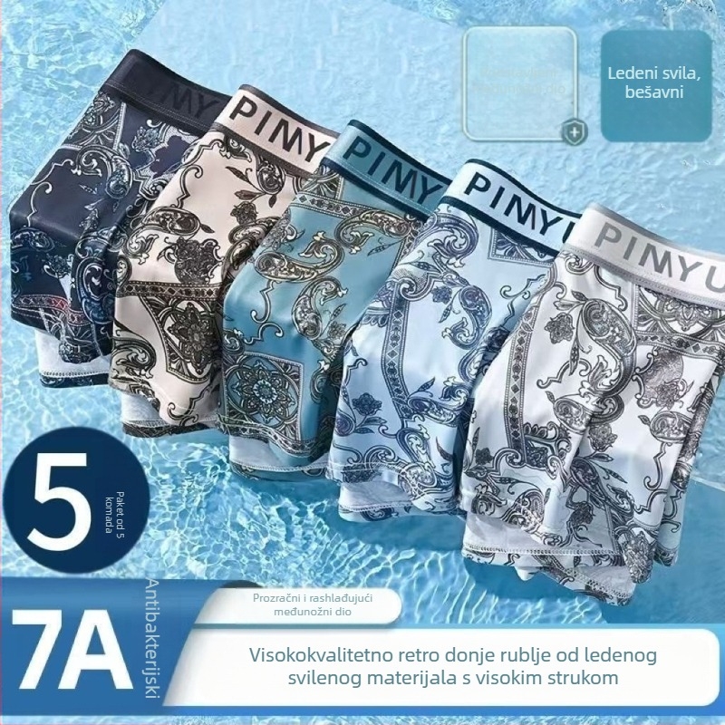 Muške bokserice s nacionalnim stilom, 7A antibakterijske ledeno-svilene, retro Paisley uzorak na elastičnom pojasu, ugodne koži i prozračne