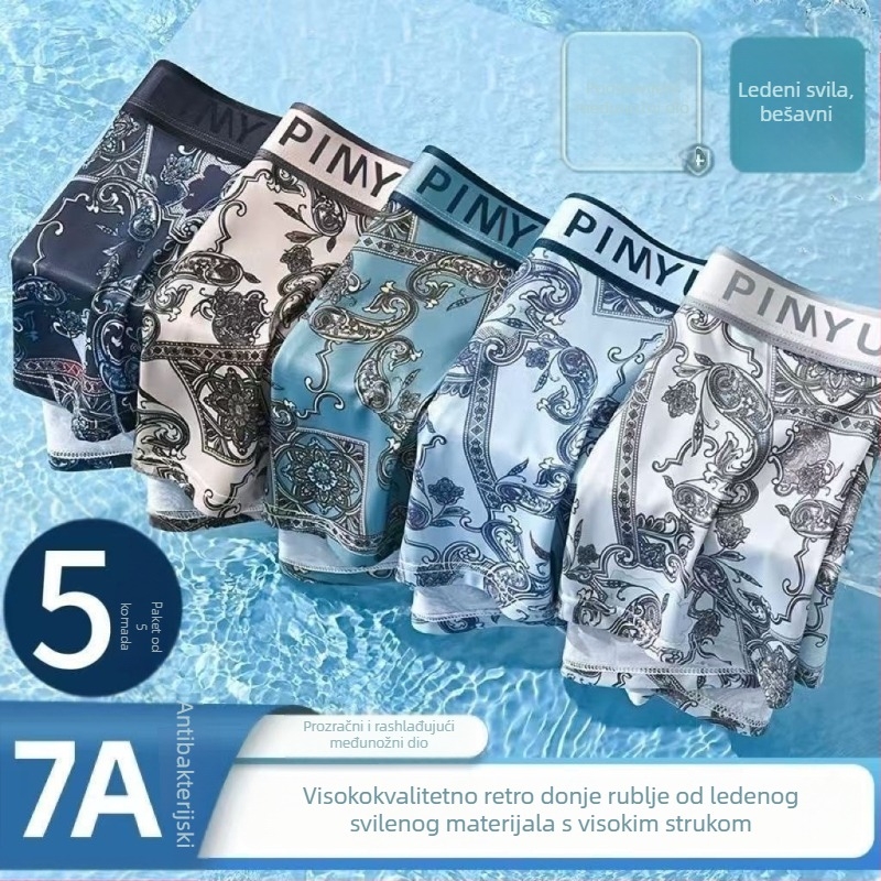 Muške bokserice s nacionalnim stilom, 7A antibakterijske ledeno-svilene, retro Paisley uzorak na elastičnom pojasu, ugodne koži i prozračne