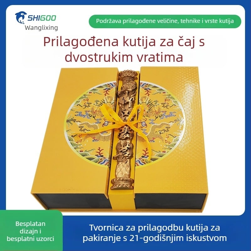 Nova kutija za čaj s dvostrukim vratima u kineskom stilu, prilagođeni reljefni papir i zlatno otiskivanje