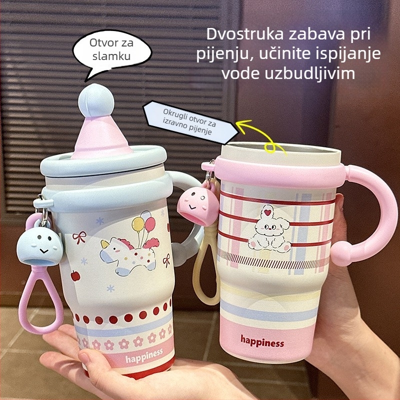 Termos boca s držalom, crtani dizajn sa slatkim motivom ljubimca, nehrđajući čelik, velika kapaciteta, za djevojke, sa slamkom