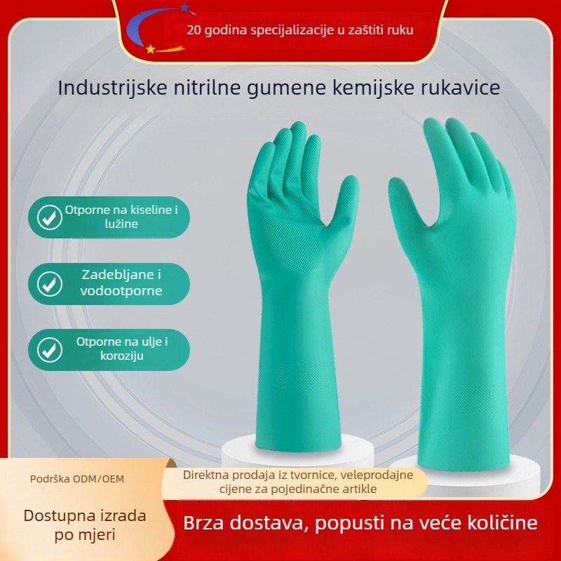 Zelene nitrilne rukavice s baršunastom podstavom, industrijske zaštitne rukavice, otporne na kiseline i baze, otporne na ulja, deblje i dugačke rukavice za kemijsku zaštitu