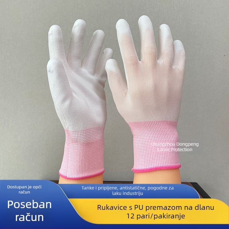 Rukavice za zaštitu ruke s PU premazom na dlanu, dlan od najlona, otporne na prašinu i antistatične, bijele, unisex za rad u tvornici