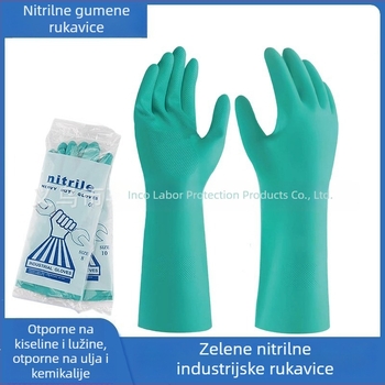 Zelene nitrilne industrijske rukavice, otporne na kiseline i baze, uljootporne kemijske rukavice, otporne na masne mrlje i koroziju.