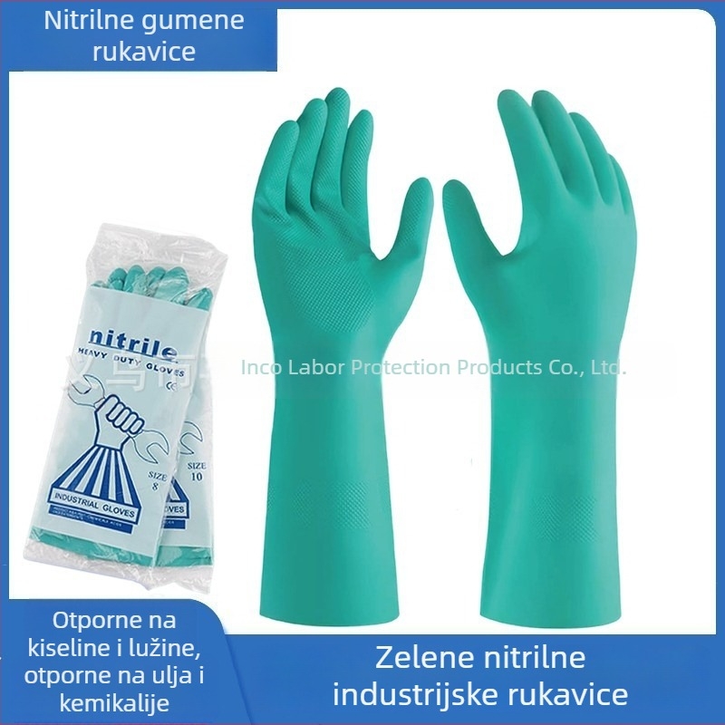 Zelene nitrilne industrijske rukavice, otporne na kiseline i baze, uljootporne kemijske rukavice, otporne na masne mrlje i koroziju.