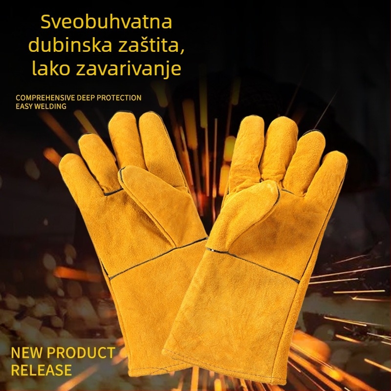 Produžene rukavice za zavarivanje od kože krave – otporne na habanje, toplinska izolacija i debeli dizajn za zaštitu pri zavarivanju.