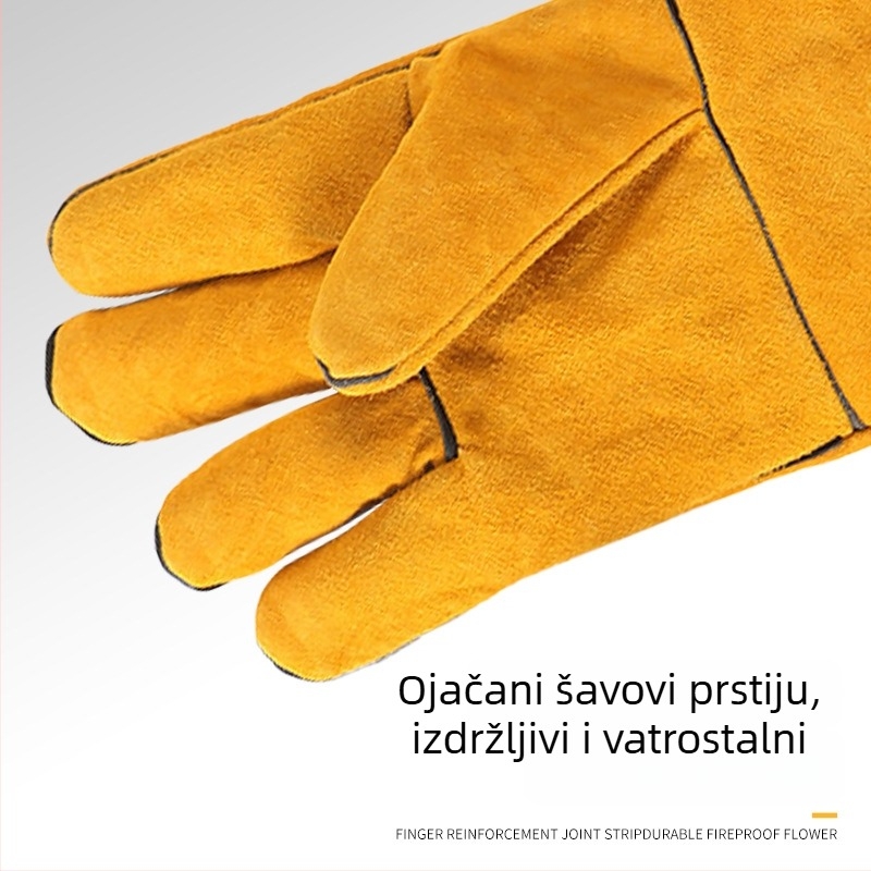 Produžene rukavice za zavarivanje od kože krave – otporne na habanje, toplinska izolacija i debeli dizajn za zaštitu pri zavarivanju.