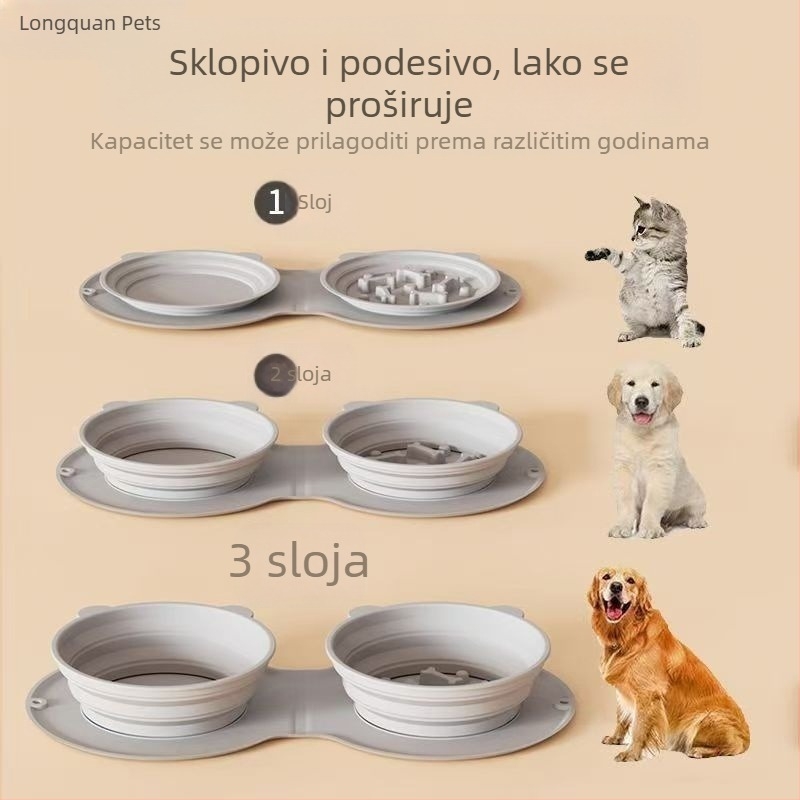 Silikonska posuda za kućne ljubimce, sklopiva zdjela, dvostruka zdjela za pse, prijenosna za vanjske aktivnosti