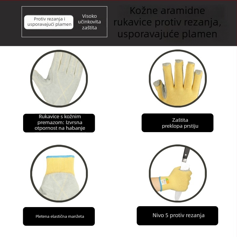 Rukavice s ojačanim aramidnim vlaknom i čeličnim vlaknom, otporne na rezanje, otporne na plamen i visoke temperature do 100°C, za metalnu obradu