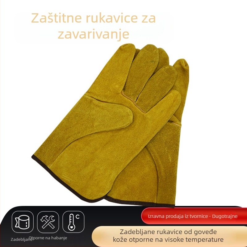 Rukavice za zavarivanje od goveđe kože, dvostruka mat koža, kratke, toplinski otporne, zlatnožute.