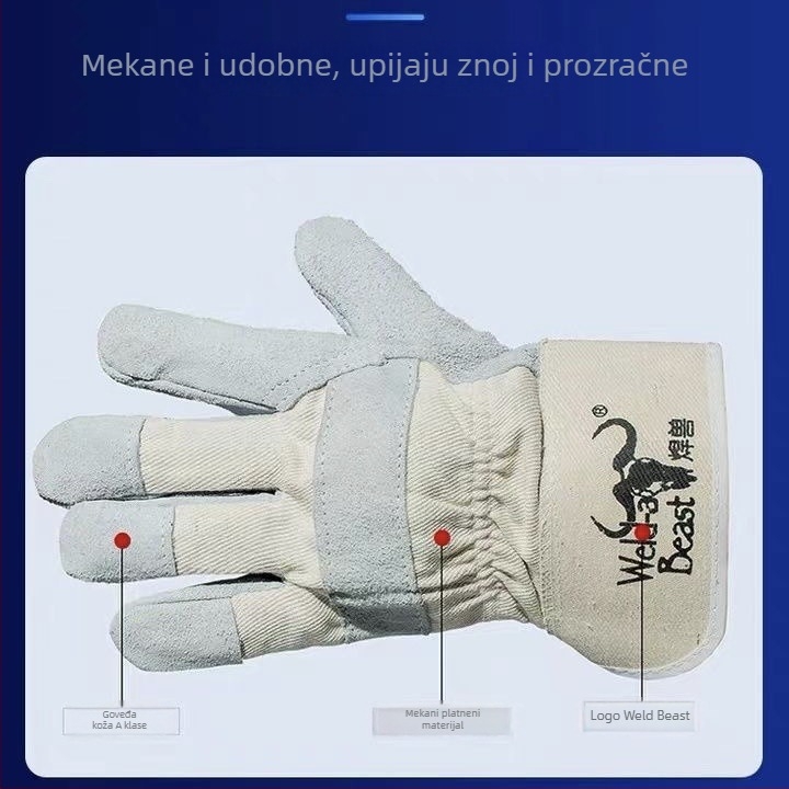 Prilagođene kratke rukavice za zavarivanje, dvije prsta, dvostruka koža od goveda s bijelim platnom, izdržljive zaštitne rukavice za zavarivanje