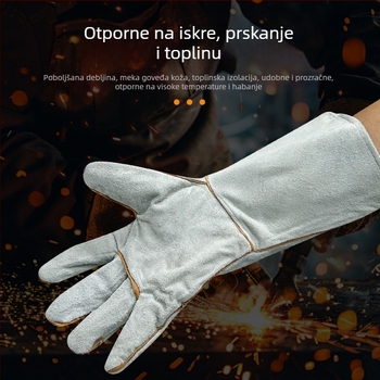 Duge rukavice za zavarivanje, dvostruko ojačane, otporne na habanje i toplinsku izolaciju, zaštitne rukavice za zavarivanje, od cijele kravlje kože, s cijelom dlanom.