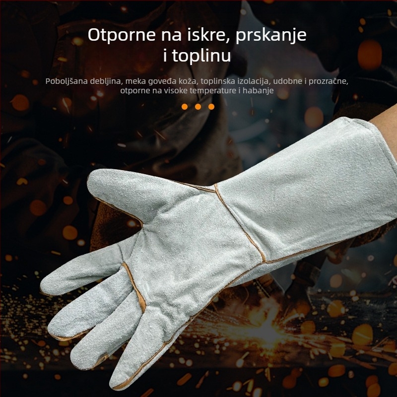 Duge rukavice za zavarivanje, dvostruko ojačane, otporne na habanje i toplinsku izolaciju, zaštitne rukavice za zavarivanje, od cijele kravlje kože, s cijelom dlanom.
