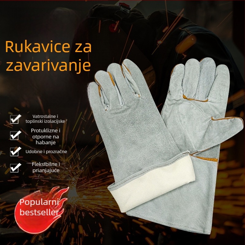 Duge rukavice za zavarivanje, dvostruko ojačane, otporne na habanje i toplinsku izolaciju, zaštitne rukavice za zavarivanje, od cijele kravlje kože, s cijelom dlanom.