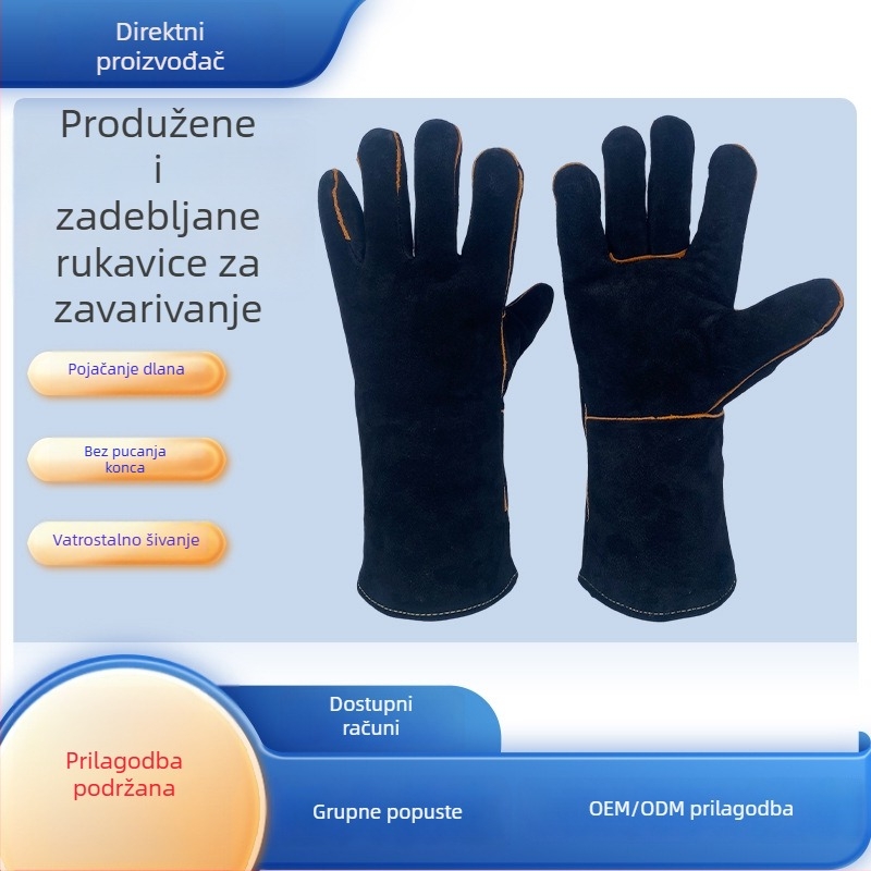 Prilagođene kožne rukavice za zavarivanje od govedje kože, duge, debele, protiv opeklina, otporne na visoke temperature, vatrootporne rukavice za zavarivanje