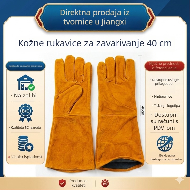 Zavarivačke rukavice 40 cm, otporne na visoke temperature, vatrootporne, toplinska izolacija, dvostruko teleće kože
