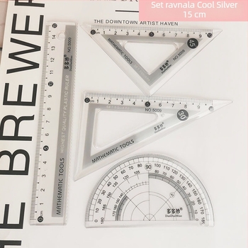 Učenički set ravnala: prozirno ravnalo 15 cm, valovito ravnalo i trokutni kutomjer – 4-djelni set