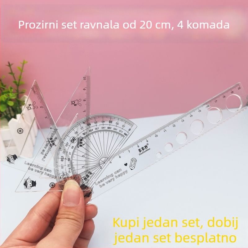 20 cm proziran četverodjelni set ravnala za osnovnu školu, uključuje ravnalo, trokutni ravnalo i kutomjer