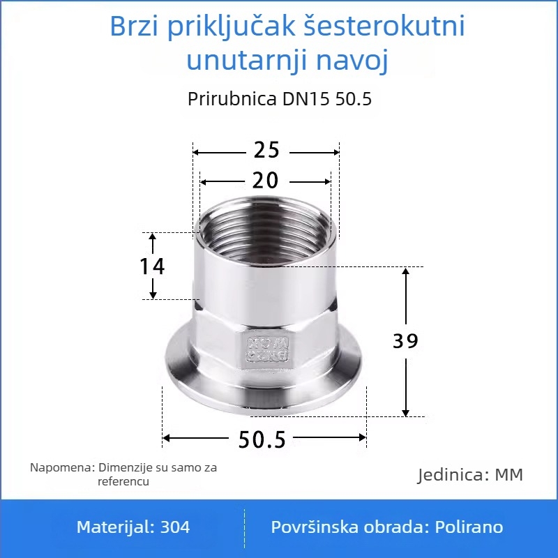 304 nehrđajući čelik, sanitarni brzi spoj s unutarnjim navojem, prehrambene klase priključci 1/4 in, 3/8 in i 1 in