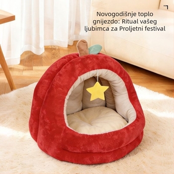Krevetić za mačke u obliku jabuke, debeli pliš, topao, poluzatvoren dizajn