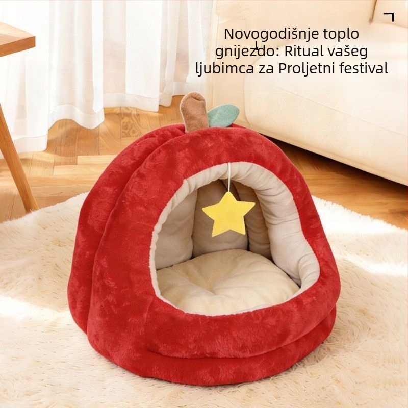 Krevetić za mačke u obliku jabuke, debeli pliš, topao, poluzatvoren dizajn