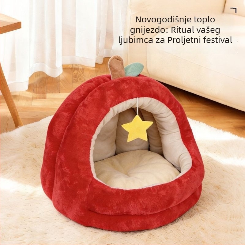 Krevetić za mačke u obliku jabuke, debeli pliš, topao, poluzatvoren dizajn